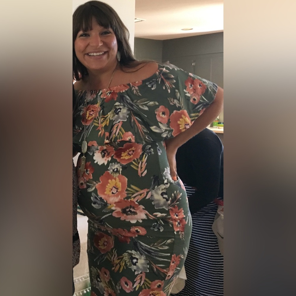 Floral, off-the-shoulder flounce maternity dress; flattering & buttery soft